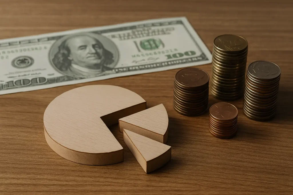 Realistic image representing fractional shares with a wooden pie chart puzzle, stacked coins, and a US $100 bill on a wooden surface.