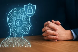 Illustration of ethical and safe artificial intelligence showing a digital human head with circuit lines and a security padlock icon beside clasped human hands.