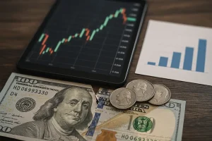 Realistic photo of fractional shares concept with US currency, stacked coins, a stock market chart on a tablet, and a bar graph on paper.