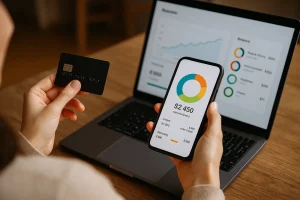Woman using smartphone and laptop with financial apps, analyzing spending charts for integrated financial education.