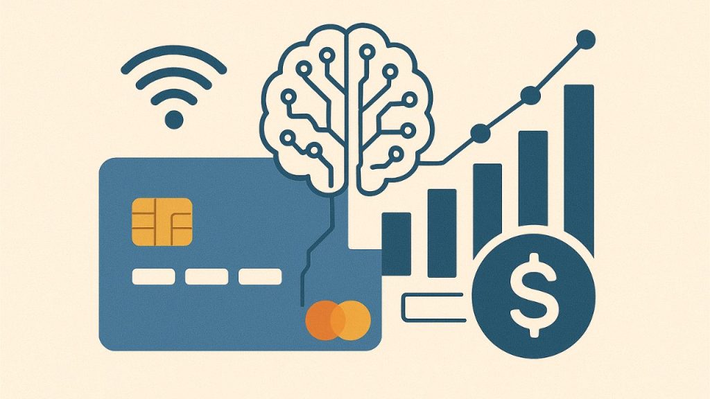 Illustration of a blue credit card with a gold chip connected to a stylized brain made of circuits, leading into a bar graph and a dollar coin, symbolizing artificial intelligence benefits in financial growth and credit card technology.