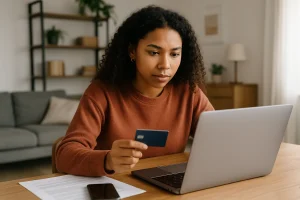 A young American woman using a laptop and holding a credit card at home, symbolizing alternative credit and financial empowerment.