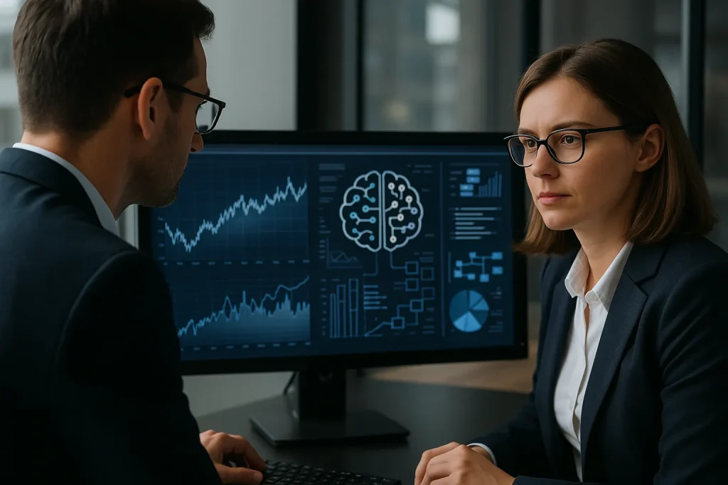 Two financial professionals analyzing stock charts and AI data visualizations on a screen, representing Explainable AI in automated investment strategies.