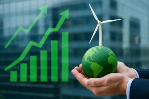 Businessman holding a green globe with a wind turbine, symbolizing decarbonization-linked titles and sustainable finance growth.