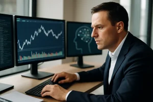 Businessman reviewing stock market graphs and AI-driven analytics on multiple monitors, illustrating Explainable AI in finance.