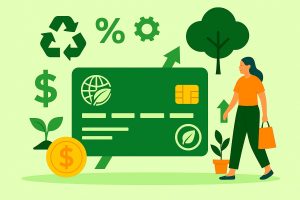 Flat-style digital illustration showing a woman holding a shopping bag next to a large green credit card with eco-friendly symbols such as leaves, trees, and recycling icons, representing sustainable consumption and the growth of green financial habits.