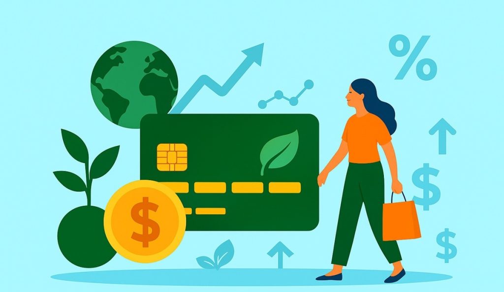 Bright flat-style digital illustration depicting a woman walking near a green credit card surrounded by eco-themed symbols, including coins, dollar signs, leaves, and upward financial arrows, symbolizing the impact of green finance on consumer behavior.