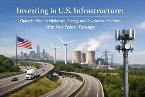 Panoramic view of U.S. infrastructure highlighting highways, wind turbines, power plants, and telecommunications towers, symbolizing large-scale investment opportunities across energy, transportation, and connectivity sectors in the United States.
