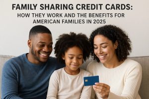 A photograph of a smiling family of three sitting on a couch: two adults and a child positioned between them. They are all looking at a blue credit card that the adult on the right is holding, suggesting financial education or shared family spending. The background is neutral, and above the family, bold text reads: ‘Family Sharing Credit Cards: How They Work and the Benefits for American Families in 2025.’ The composition conveys warmth, togetherness, and the idea of teaching children about responsible credit card use within a modern household.