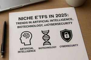 A photo of a printed page titled ‘Niche ETFs in 2025: Trends in Artificial Intelligence, Biotechnology, and Cybersecurity,’ placed on a wooden desk beside a black pen and part of a laptop. Below the title are three icons representing key sectors: a human head outline with circuit patterns symbolizing artificial intelligence, a DNA double-helix representing biotechnology, and a shield with a padlock indicating cybersecurity. The layout highlights emerging thematic exchange-traded funds and how future investments may focus on specialized, high-growth technological fields.