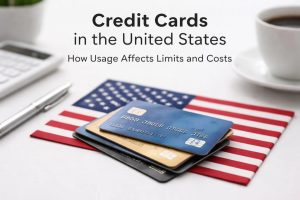 Credit card usage in the United States illustrated by stacked credit cards placed over an American flag, symbolizing how credit card habits influence spending limits and financial costs in the U.S. credit card market.