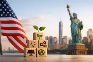nvestment concept illustrated by wooden blocks stacked with icons representing sustainability, innovation, clean energy, and global impact, placed in front of the U.S. flag and the Statue of Liberty. The image reflects long-term investment strategies and thematic funds gaining relevance in the United States, highlighting investment trends focused on ESG, technology, and sustainable growth.
