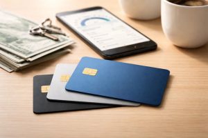 Modern flat lay scene representing credit card usage in the United States in 2026, featuring multiple minimalist credit card designs stacked on a wooden desk alongside a smartphone displaying financial analytics, cash bills, keys, and coffee cups, symbolizing dynamic credit limits, digital financial management, and their impact on consumer spending behavior.
