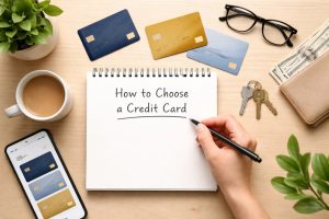 A top-down workspace scene showing a notebook with the handwritten title “How to Choose a Credit Card.” A hand holding a pen is writing on the page, surrounded by several credit card options placed on the desk. Nearby are a smartphone displaying credit card choices, a cup of coffee, eyeglasses, house keys, a wallet with U.S. cash, and small plants. The composition illustrates the process of comparing options and making a thoughtful financial decision when selecting the right credit card for personal finances.