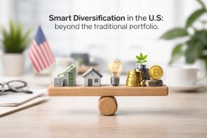 A clean and modern visual illustrating smart diversification investments in the U.S., showing a balanced wooden scale holding miniature symbols of different asset classes: a rising stock market chart, a small house representing real estate, a glowing light bulb symbolizing innovation, stacks of gold coins, and a cryptocurrency coin. In the softly blurred background, a U.S. flag and office elements reinforce the American financial context. The composition highlights strategic investments diversification beyond traditional portfolios, emphasizing balance, growth, and the inclusion of alternative assets in modern U.S. investment strategies.