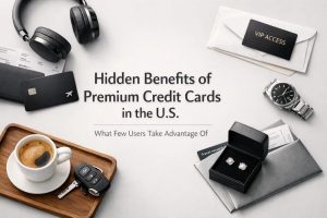 A luxury lifestyle scene illustrating the hidden benefits of a premium credit card in the United States. On a clean, modern surface, a black credit card with a travel icon is placed near high-end accessories including headphones, a wristwatch, car keys, a cup of coffee, and a VIP access envelope. An open jewelry box with elegant earrings and travel-related documents suggests exclusive rewards and perks. The composition highlights how a premium credit card can provide travel privileges, VIP access, lifestyle upgrades, and additional hidden benefits beyond everyday spending.