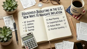 A neatly arranged desk scene featuring an open notebook titled 'Household Budgeting in the U.S.: New Ways to Navigate Inflation', surrounded by receipts, a calculator, a cup of coffee, and small plants. The notebook lists categories like groceries, utilities, housing, and savings, along with strategies such as meal planning, couponing, and reducing waste. The composition conveys organization and personal finances management in a warm, home office setting.