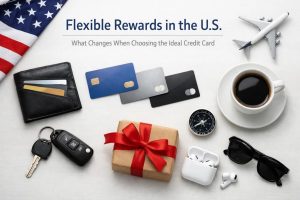 A clean and modern flat lay composition illustrating flexible rewards and consumer finances in the United States, set against a light neutral background. In the scene, a partially visible American flag appears in the corner, reinforcing the U.S. context. A black leather wallet filled with multiple cards sits next to a spread of sleek credit card options in different colors, representing choice and financial flexibility. Surrounding the cards are lifestyle and reward-related items, including a wrapped gift box with a red ribbon symbolizing rewards, a car key indicating mobility, wireless earbuds, sunglasses, a compass, and a cup of coffee suggesting everyday spending. A model airplane highlights travel benefits often associated with a credit card. The overall composition conveys themes of rewards programs, spending habits, and strategic use of a credit card in personal finance decisions.