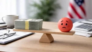 A conceptual scene illustrating financial investments and risk balance, featuring a wooden seesaw on a desk with a stack of US dollar bills on one side and a red ball with a worried facial expression on the other. In the background, a blurred calculator, coffee cup, documents, and an American flag suggest a financial environment. The composition symbolizes the emotional and strategic aspects of investments, highlighting the balance between money, risk, and decision-making in personal finance.