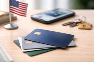 A close-up of multiple credit card designs stacked on a wooden desk, with a blurred U.S. flag, smartphone, and house keys in the background, illustrating modern credit card usage and evolving financial ecosystems. The composition reflects how credit card issuers in the United States are redefining limits in 2026, emphasizing technology, security, and data-driven personalization in the credit card industry.