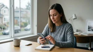 Woman using a smartphone at a desk with a credit card and notebook nearby, illustrating how digital habits influence personal finances in the U.S., highlighting modern financial decision-making through mobile apps and everyday money management practices.