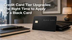 Minimalist and realistic credit card themed image showing a sleek generic black credit card positioned on a marble desk inside a sophisticated modern office. A leather wallet and a black notebook with a luxury pen are placed beside the card, while a softly blurred city skyline and warm ambient lighting create an upscale financial atmosphere. Large white headline text reads “Credit Card Tier Upgrades: The Right Time to Apply for a Black Card”. Elegant composition with balanced contrast and professional editorial style focused on premium credit card concepts.