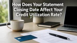 Minimalist and realistic workspace scene featuring a desk with a blue credit card, printed financial statement, black pen, coffee mug, notebook, and laptop under soft natural lighting. Large white title text overlays the image reading “How Does Your Statement Closing Date Affect Your Credit Utilization Rate?”. The composition conveys personal finance and credit card management in a clean modern office environment.