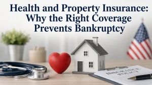 Realistic and minimalist image about finances and financial protection through insurance in the United States. On a clean office desk, there is a stethoscope, a red heart symbol, a miniature residential house, and insurance policy documents. In the softly blurred background, an American flag reinforces the U.S. context. At the top of the image, the title reads: ‘Health and Property Insurance: Why the Right Coverage Prevents Bankruptcy.’ The composition conveys security, financial planning, property protection, and the prevention of economic hardship related to medical expenses and property damage.